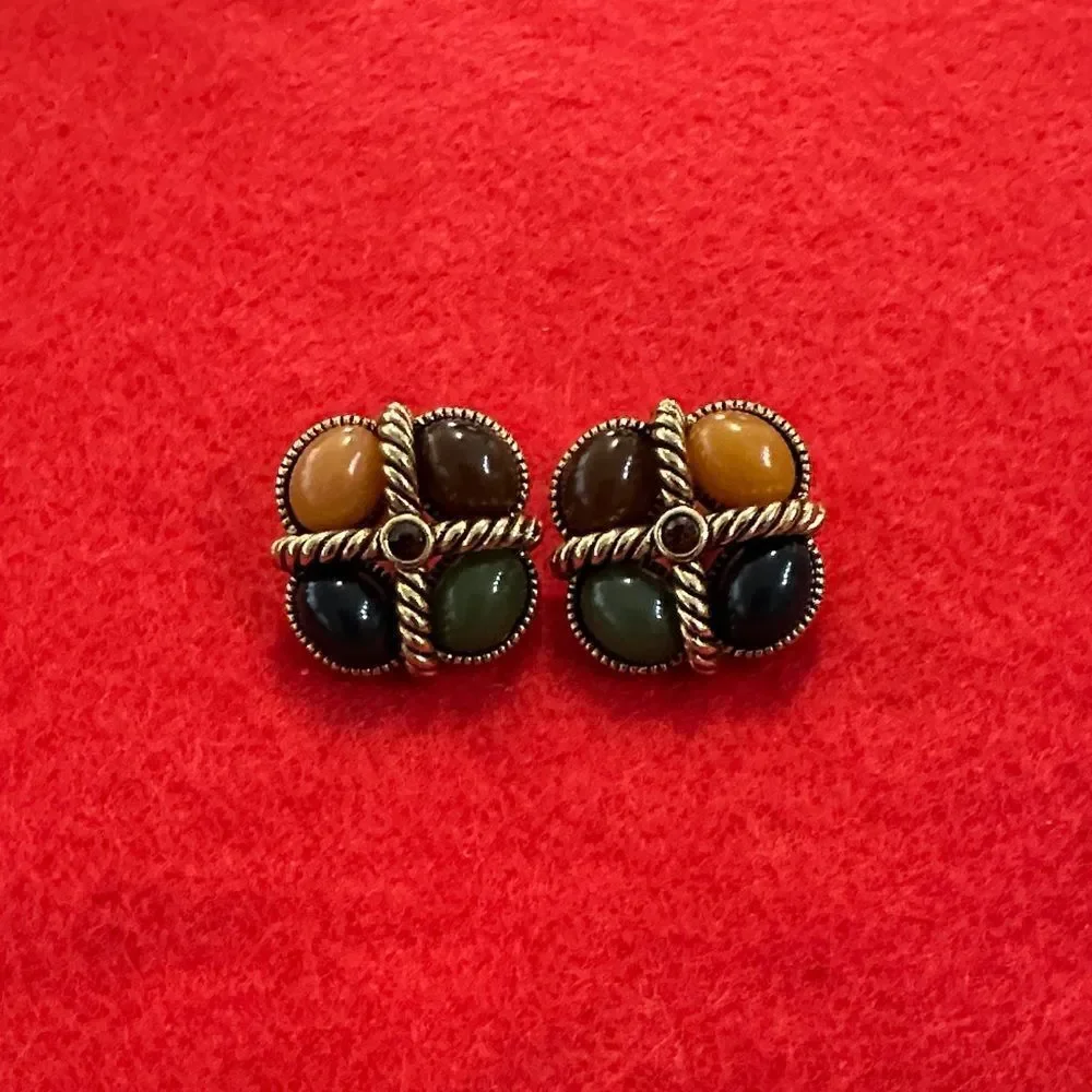 Joan Rivers Vintage Stamped Gold Braided Elegant Multicolor Stone Earrings
